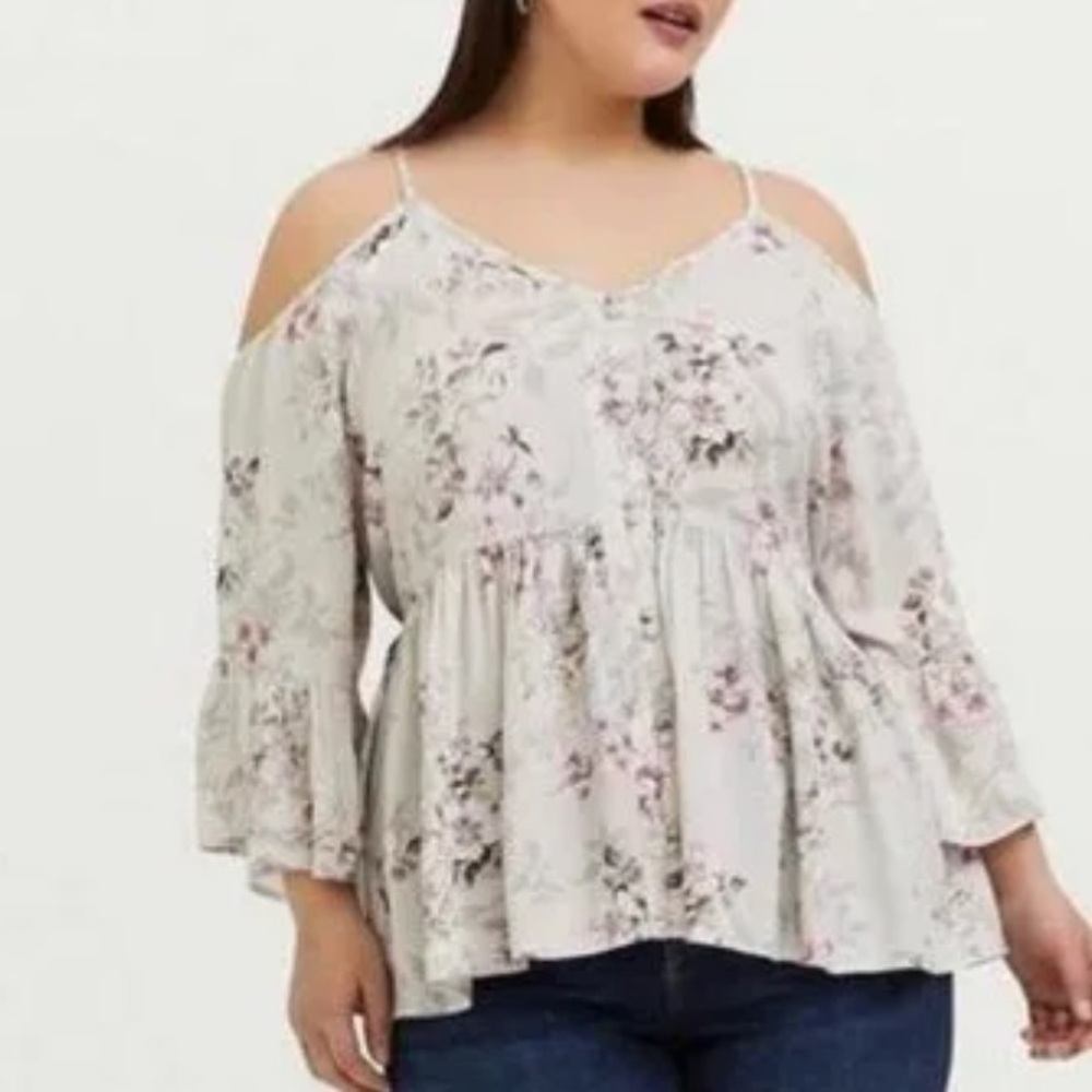 Torrid Cream Floral Cold Shoulder Blouse
